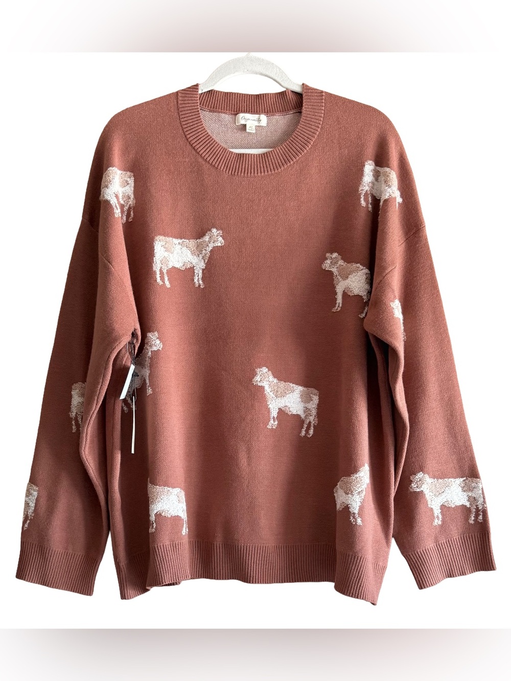 Originality Cow Print Sweater Tunic Women’s XL Brown White Oversized NWT Western